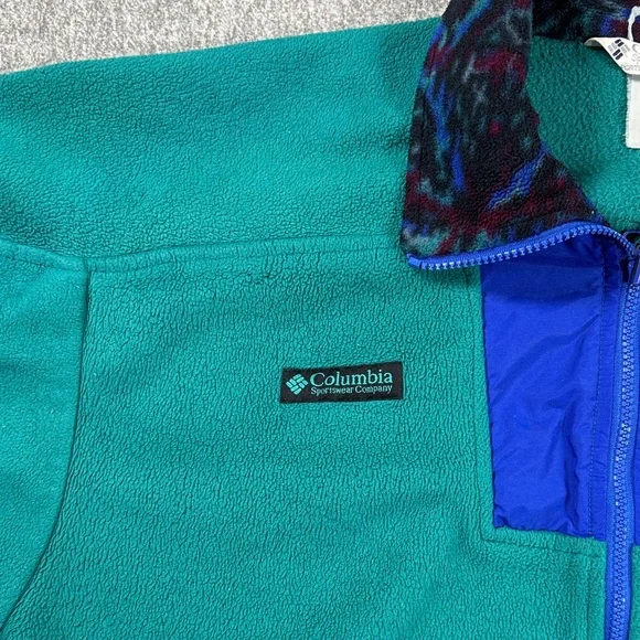 Vintage 90s Columbia Fleece Jacket Teal Blue Abstract Collar USA Made Men’s XL
